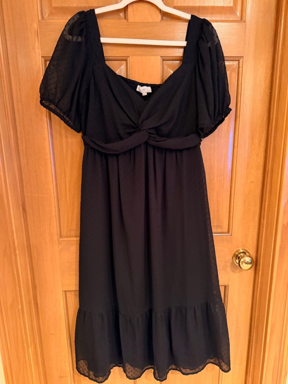 LOFT Black Twist-Front Puff Sleeve Midi Dress